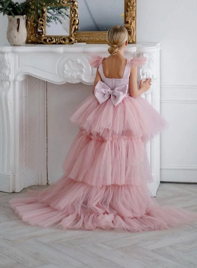 تايك تو فستان ميني بناتي تول وردي بلا أكمام مع ذيل